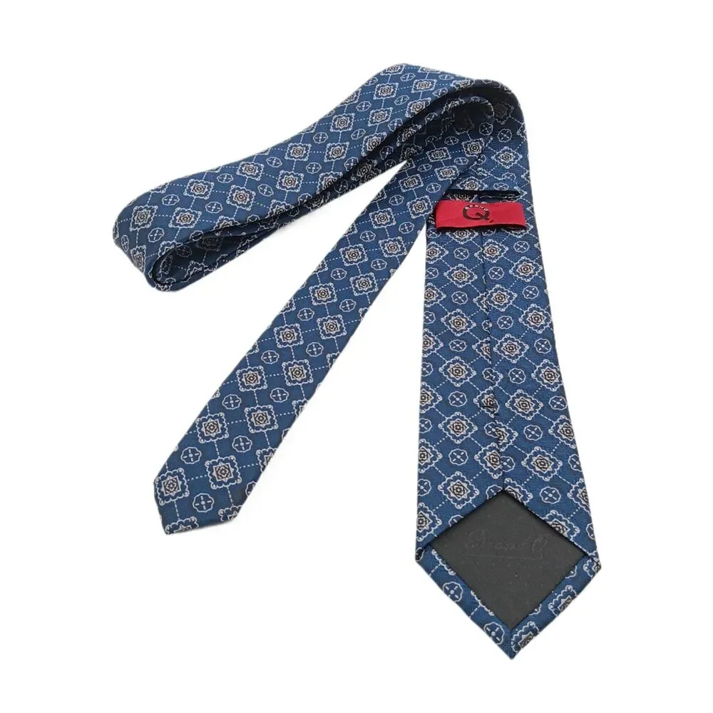 Brand Q Tie Mens Long 62.5” Blue Gray Geometric Microfiber Designer Skinny New